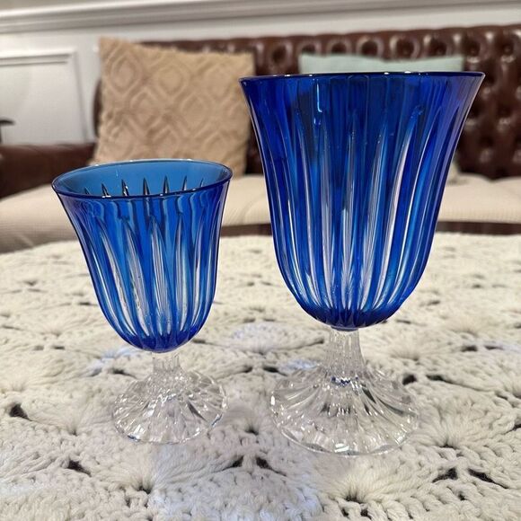 CRISTAL DE FRANCE Vintage Blue Genuine Glass Wine Goblets Big and Small NEW - Picture 2 of 7